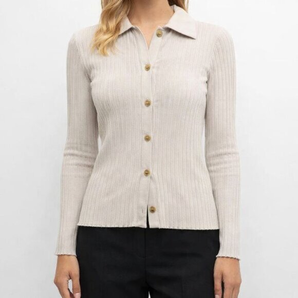 Vince Sweaters - Vince Ribbed Polo-Collar Button-Front Cardigan Top in Salt Glass – Size XXS